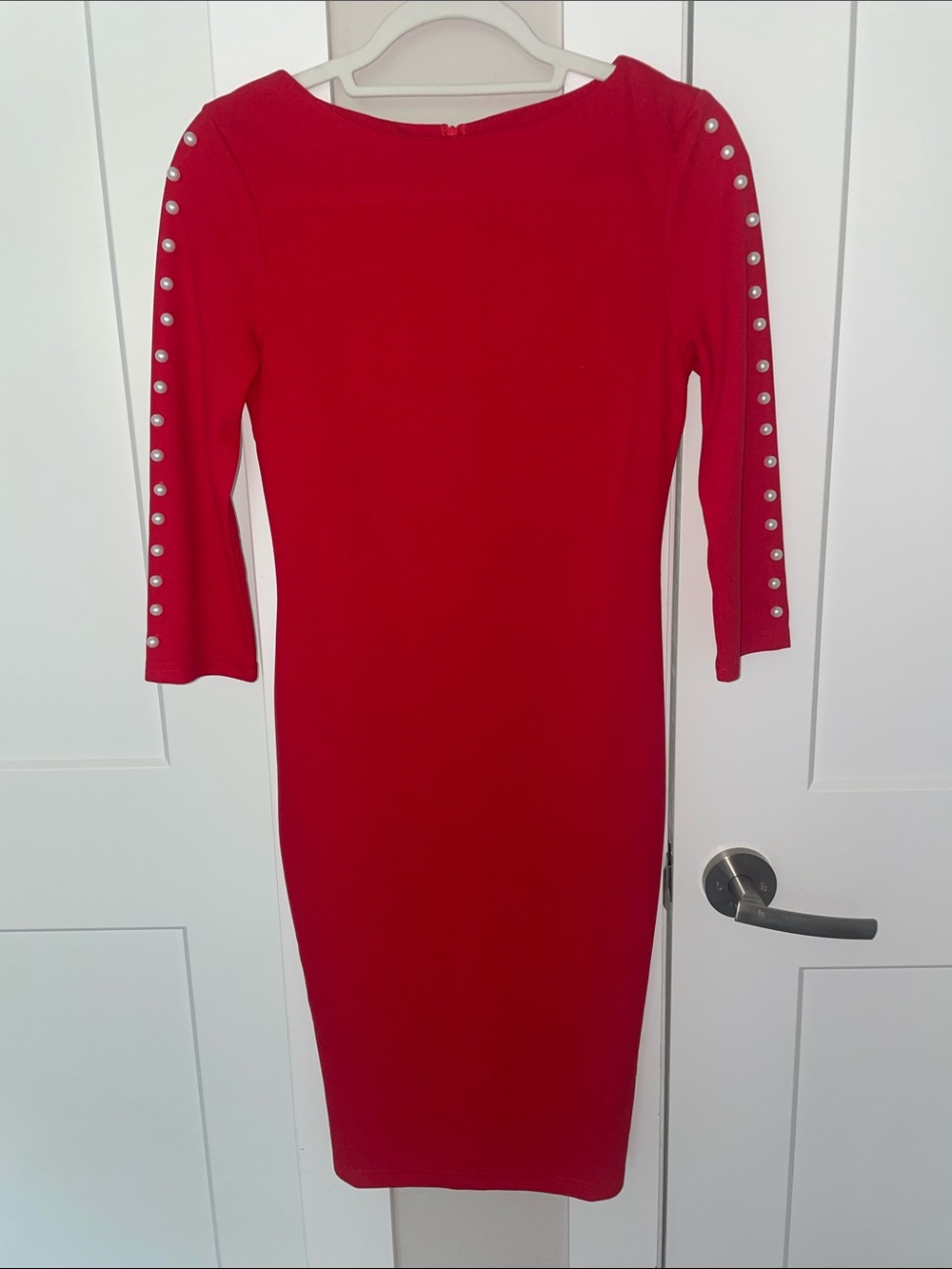 Red Pearl-Trim Bodycon Dress